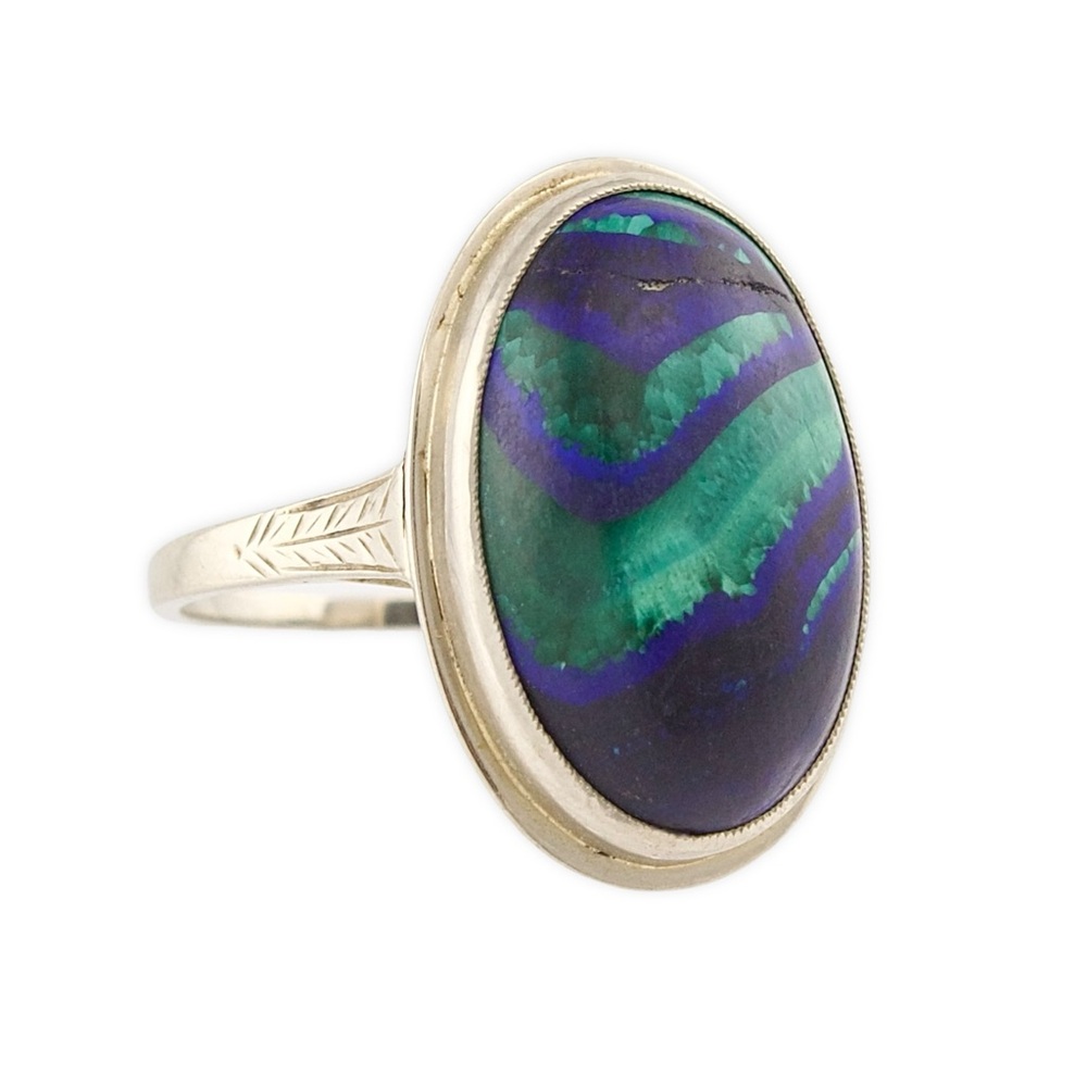 Vintage 14K White Gold Azurite Malachite Ring Size 8 Blue Green Oval Cabochon